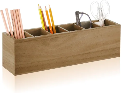 Miniatura 8 de Jetec Portalápices de madera para escritorio, 6 compartimentos, organizadores de escritorio de oficina de madera para encimera, organizador