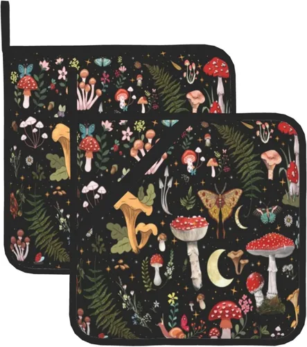 Juego de 2 soportes para ollas de hongos, color negro, gótico, para cocina, decoración de bruja, resistente al calor, forro de algodón, almohadillas