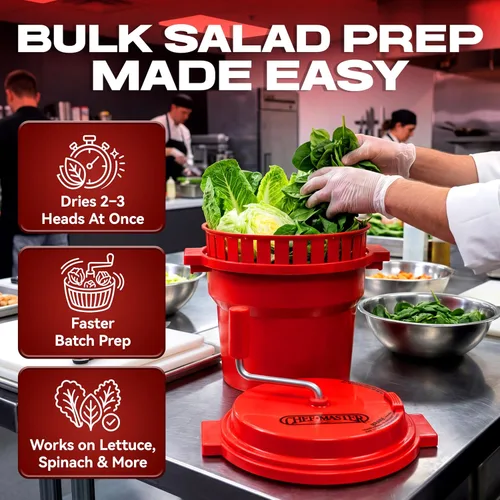 Miniatura 3 de Chef Master - Secador de ensalada comercial de 2.5 galones – Spinner manual de lechuga y lavador de frutas con colador – Caja de cambios sellada