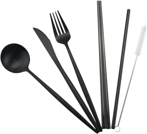 Miniatura 6 de Utensilios de viaje reutilizables, 7 piezas portátiles de acero inoxidable 304, incluyendo cuchillo, tenedor, cuchara, palillos, cepillo