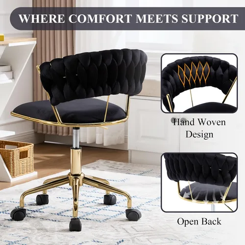 Miniatura 5 de NIOIIKIT Silla de oficina en casa, silla tapizada de terciopelo con respaldo abierto tejido, silla de escritorio giratoria de 360° con ruedas, silla