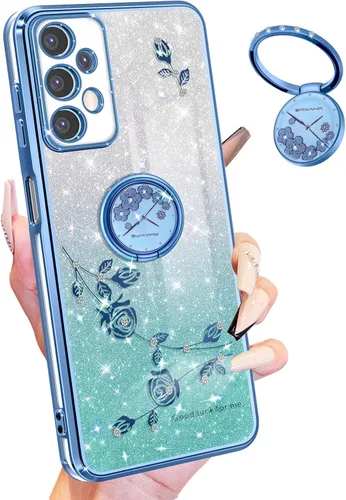 Miniatura 20 de Funda para Samsung Galaxy S22 Ultra con purpurina brillante para mujeres y niñas, cubierta de teléfono morada, diseño floral con anillo de flores