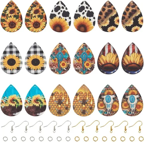Miniatura 10 de KISSITTY Kit de fabricación de aretes de madera, 36 piezas de lágrima con cruz de vaca y leopardo, dijes de madera impresos con 80 ganchos