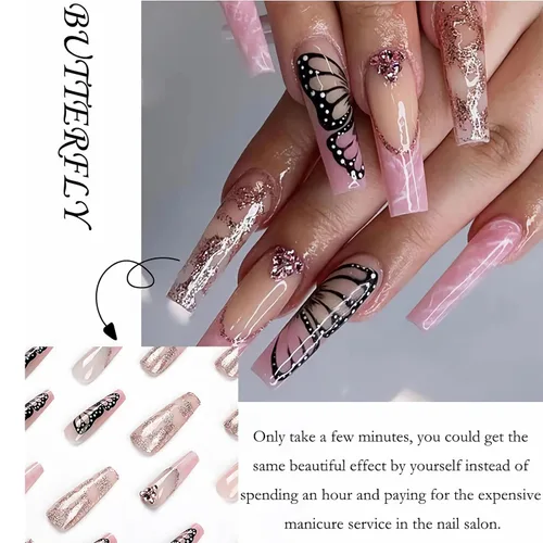Miniatura 4 de Uñas postizas largas a presión con forma de ataúd, uñas postizas de bailarina, mariposa rosa, diamantes de imitación, uñas acrílicas con purpurina