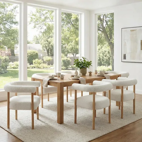 Miniatura 3 de RIVOVA Sillas de comedor blancas de bouclé, juego de 6, sillas de comedor tapizadas modernas, sillas de cocina y comedor con respaldo curvo, sillas