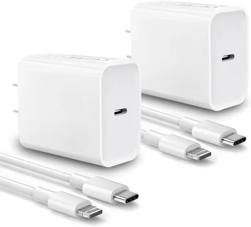 Cargador rápido para iPhone, paquete de 2 cargadores de pared USB C de 20 W, cargador de pared PD tipo C con cable de carga de 6 pies certificado