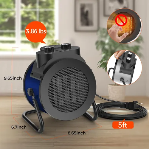 Miniatura 4 de Calentador de ambiente eléctrico de 1500 W con ángulo ajustable de 90°, protección contra sobrecalentamiento, calentador para garaje, oficina, uso