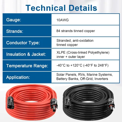 Miniatura 5 de Cable de extensión solar 10AWG de 20 pies – Paquete de 2 cables fotovoltaicos rojos y negros con conectores solares, cobre estañado de 84 hebras