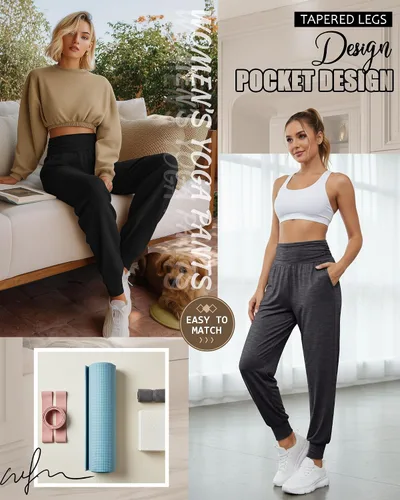 Miniatura 4 de Paquete de 2 pantalones deportivos de yoga para mujer, cómodos pantalones deportivos con bolsillos, casuales, holgados, cómodos y de cintura alta