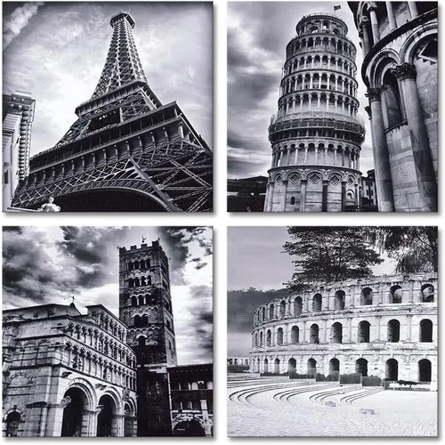 Miniatura 5 de Wieco Art Arte de pared enmarcado, arquitecturas modernas, 4 paneles, impresiones en lienzo giclée, edificios de Europa, lienzo de paisaje blanco