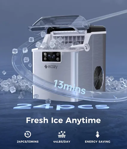 Miniatura 2 de ecozy Máquina de hielo portátil de 45 libras por día, 24 cubos listos en 13 minutos, función de autolimpieza, perfecta para el hogar, cocina, bar