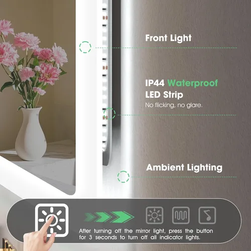 Miniatura 6 de S'bagno Espejo de baño LED de 32 x 24 pulgadas con luces, altavoz Bluetooth, antivaho e impermeable, espejo de pared regulable con control táctil, 3