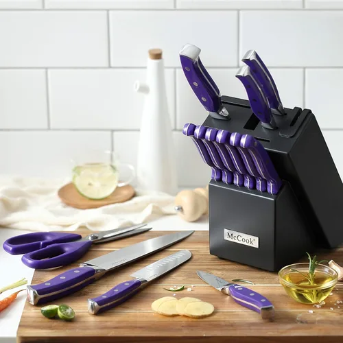 Miniatura 4 de McCook FDA Juego de cuchillos de cocina de acero inoxidable con bloque de madera y tijeras de cocina multiusos Púrpura/Negro