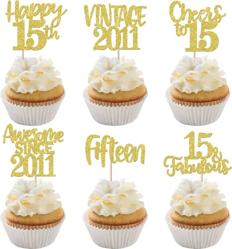 Miniatura 26 de Rsstarxi Paquete de 24 adornos para cupcakes vintage 2019 con purpurina negra para 5º cumpleaños, saludos a 5, cinco, 5, 5 fabulosos para cupcakes