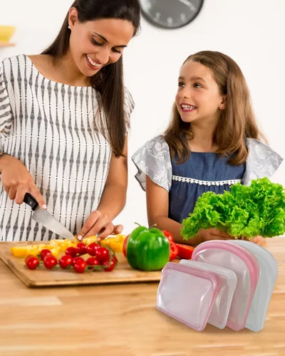 Miniatura 7 de Bolsas de almacenamiento de silicona reutilizables, paquete de 4 bolsas para bocadillos y sándwiches, bolsas de silicona duraderas con cierre