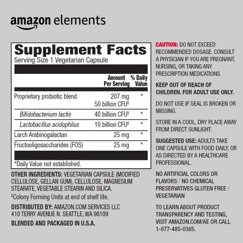 Miniatura 3 de Amazon Elements Una mezcla diaria de probióticos para adultos, apoya el colon saludable y la función inmunológica, 50 mil millones de UFC (2 cepas)