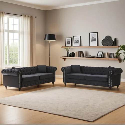 Miniatura 14 de Juego de 2 sofás Chesterfield de terciopelo de 85.5 pulgadas, 3 plazas + 63.5 pulgadas, sofá moderno con brazos enrollados y 2 cojines para sala