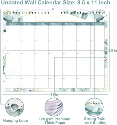 Miniatura 2 de Calendario de pared sin fecha para 2026 o cualquier año, planificador de calendario para el hogar, oficina, aula, escuela, calendario de 12 meses
