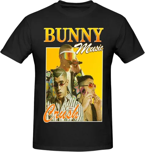 Bad and Music Bunny - Camiseta casual estampada con patrón vintage, color negro