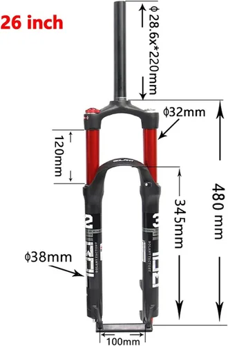 Miniatura 2 de 26/27.5/29 Suspension Fork 100mm Travel,28.6mm Straight Tube QR 9mm Double Chamber Crown Lock Aluminum Alloy XC Mountain Fork Red/Black