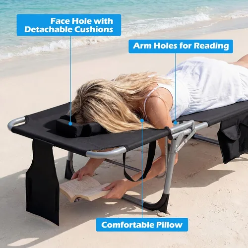 Miniatura 7 de Tangkula Silla de bronceado con agujero frontal, plegable y ajustable para patio, silla reclinable, para playa, tomar el sol, con bolsillo lateral