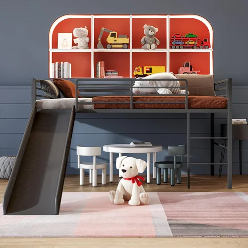 Miniatura 3 de Giantex Cama alta individual con tobogán, litera baja de metal con barandillas de seguridad y escalera integrada, marco de suelo de cama infantil
