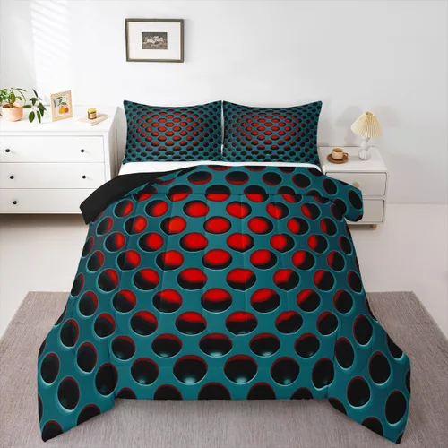 Juego de edredón de nido de abeja, juego de ropa de cama geométrico verde y rojo, tamaño individual, juego de edredón reversible negro con colmena