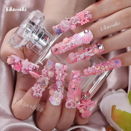 Miniatura 7 de Lindos dijes para uñas 3D, 100 piezas de conejo mariposa flor lazo, dijes de arte para uñas mixtos de diamantes de imitación de uñas con parte Rosa