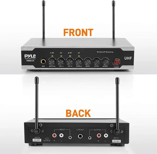 Miniatura 3 de Pyle Sistema de micrófono inalámbrico Uhf portátil, funciona con pilas, juego de micrófonos inalámbricos Bluetooth dual, incluye 2 micrófonos