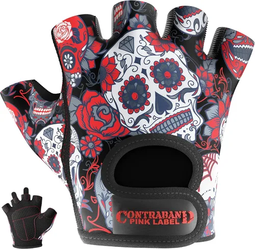 Miniatura 9 de Contraband Pink Label 5237 - Guantes de entrenamiento de diseñador para mujer, estampado de calavera de azúcar y acolchado Grip-Lock™ (amarillo, M)