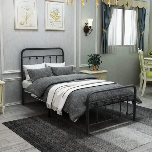 Miniatura 13 de DUMEE Base de cama de metal tamaño matrimonial con cabecera y estribo vintage, almacenamiento debajo de la cama, no necesita somier