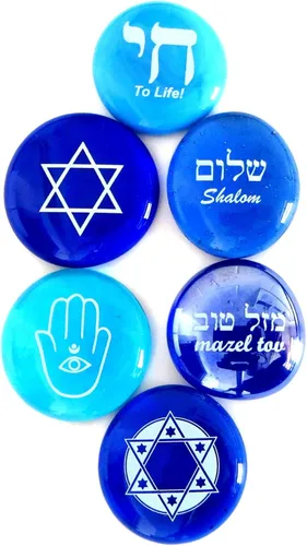 Miniatura 4 de Judaica Glass Stones: Chai, Estrella de David, Hamsa, Mazel Tov y Shalom en Sombras de Azul, Conjunto de seis, por Lifeforce Glass