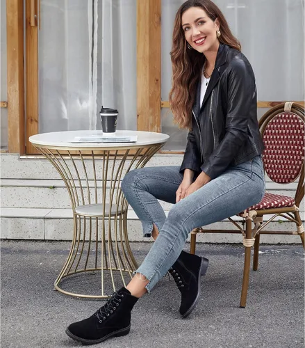 Miniatura 3 de JABASIC Botas de combate de cuero de gamuza para mujer, botas de tobillo con cordones y cremallera lateral