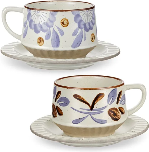 Miniatura 7 de LemonRoad Juego de tazas de té y platillo vintage, tazas de café de porcelana de 10 onzas con platillo para café con leche, moca, capuchino, tazas
