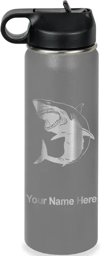 Miniatura 19 de LaserGram Botella de agua personalizada, gran tiburón blanco, acero inoxidable de doble pared aislada al vacío con popote superior, regalo grabado