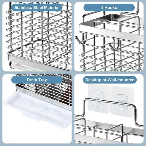 Miniatura 2 de Soporte para Utensilios, Escurridor de Utensilios de Acero Inoxidable con Bandeja de Drenaje, Cesta Escurridora de Encimera de Cocina Soporte