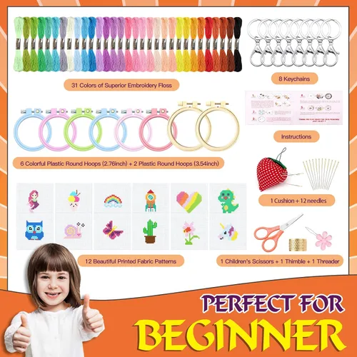 Miniatura 2 de ZOCONE 12 kits de punto de cruz para niños de 7 a 13 años, kits para principiantes con instrucciones, llaveros, aros y herramientas de bordado