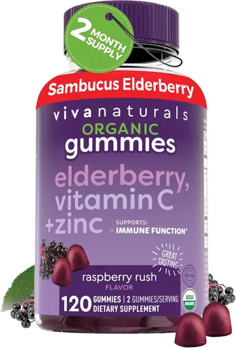 Viva Naturals Gomitas orgánicas de saúco Sambucus para adultos (120 unidades) – Gomitas de apoyo inmunológico de vitamina C y zinc de saúco 3 en 1,