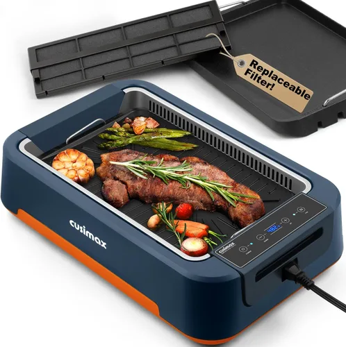 CUSIMAX - Parrilla eléctrica, parrilla y plancha sin humo, parrilla eléctrica coreana con extractor de humo turbo y esponja de filtro reemplazable,
