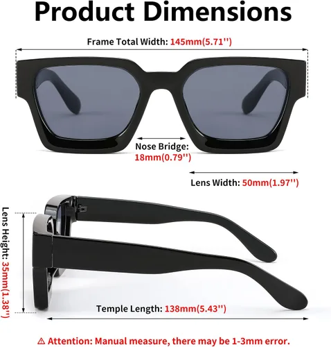 Miniatura 33 de FEISEDY Gafas de sol cuadradas retro de los años 90 para mujeres y hombres, gafas de sol rectangulares gruesas de moda con protección UV400 B2385