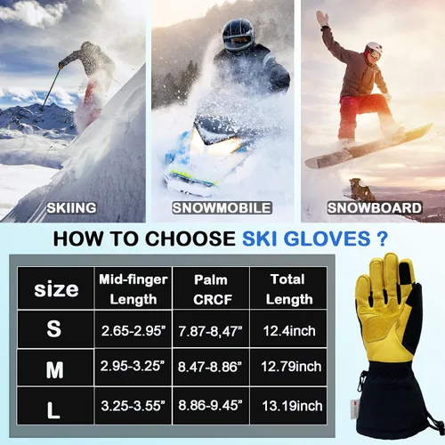 Miniatura 5 de Guantes de esquí de invierno de cuero para hombres, mujeres y niños, -22 3M Thinsulate cálidos para nieve, snowboard, motos de nieve, guantes