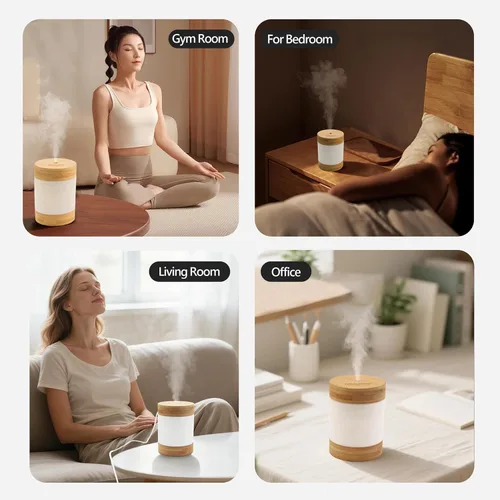 Miniatura 4 de Mini humidificador ultrasónico de bambú, humidificador de escritorio silencioso de 14.1 onzas líquidas con luz nocturna LED dual, alimentado por