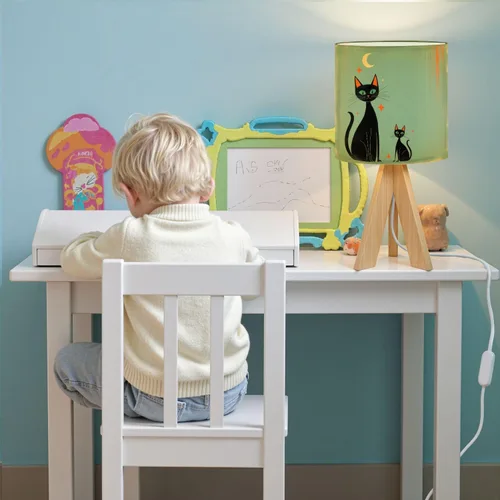 Miniatura 7 de Lámpara de mesa con trípode, retro, verde, de mediados de siglo, moderna Edad Atómica, moderna, verde azulado, negro, gato, lámpara pequeña, lámpara