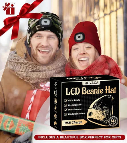 Miniatura 7 de HEYAXA Gorro LED unisex con luz, gorro con linterna frontal recargable, rellenos para calcetines, regalos de Navidad para hombres, gorro tejido