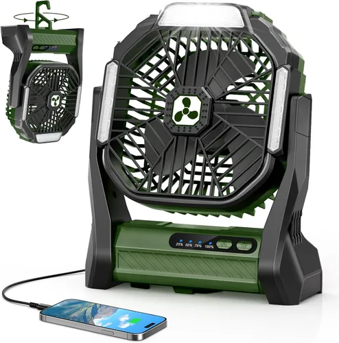 Ventilador Portátil Recargable, 20000mAh Ventiladores Inalámbricos con Batería para Tienda de Campaña con Linterna LED, Pequeño Ventilador Exterior