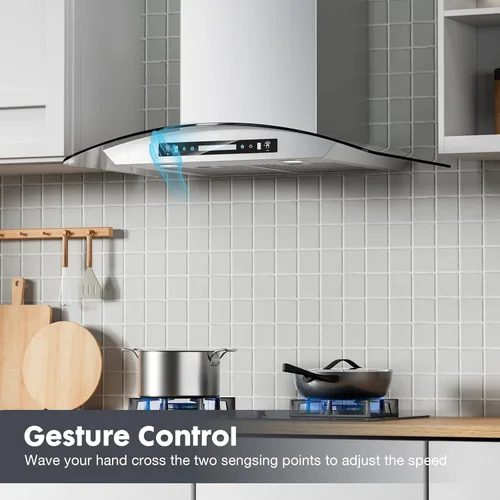 Miniatura 3 de HisoHu Campana extractora para montaje en pared de 30 pulgadas, vidrio curvo, campana de cocina inoxidable de 780 CFM, con filtros de malla de acero
