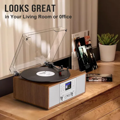 Miniatura 5 de 10 in 1 Record Player Multimedia with Speakers, CD Player, Bluetooth Receiver, Internet Radio, USB Recording, 3-Speed Turntable, Alarm Clock, Sleep
