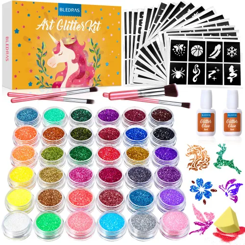 Miniatura 8 de Kit de tatuaje temporal de 30 colores para niñas, 147 plantillas, 4 pinceles, 2 pegamento, tatuajes con purpurina para niños o adultos, para niñas