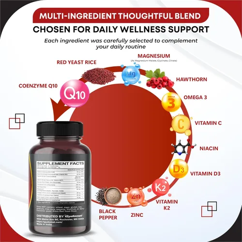 Miniatura 4 de Coenzima Q10 (Ubiquinona) Levadura Roja Arroz Espino Omega 3 Vitamina C Niacina Zinc Vitamina K2-150 Cápsulas