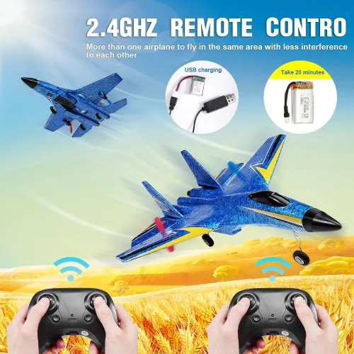 Miniatura 4 de Avión RC Su-27 Fremego de 2,4GHz 2 canales con control remoto, luces nocturnas de giro y 2 baterías, fácil de volar para adultos, principiantes